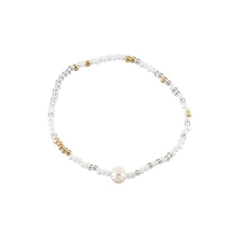 Gold, White & Silver Seedbead Pearl Stretch Bracelet
