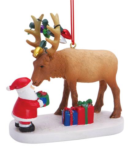 Resin Ornament Elk W / Santa