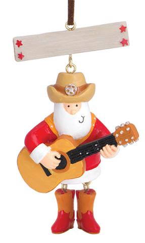 Resin Ornament - Dangle Leg Cowboy Santa W/ Guitar