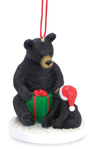 Resin Ornament - Black Bear And Baby Opening Present