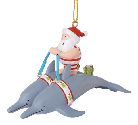 Resin Ornament - Dolphins Pulling Santa