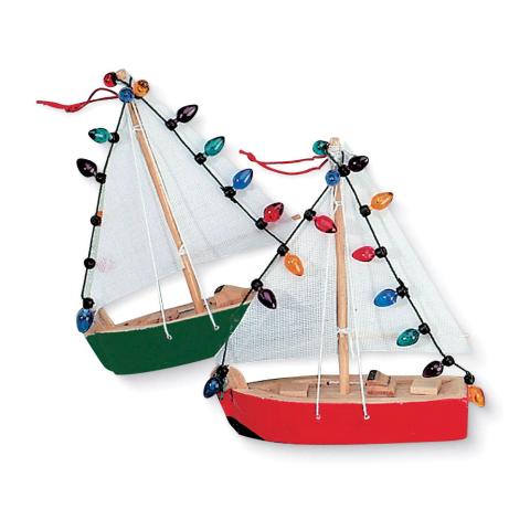 Wood Ornament - Sailboat w/Lights Assorted