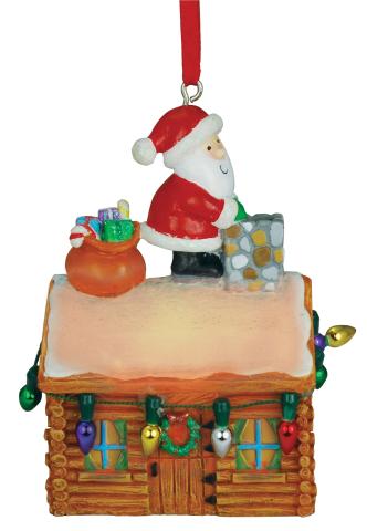 Light Up Resin Ornament - Santa on Log Cabin