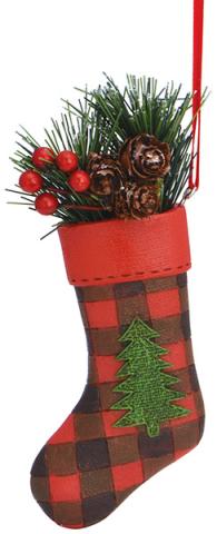 Resin Ornament - Buffalo Plaid Stocking w/Tree