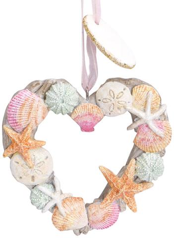 Resin Ornament - Driftwood Shell Heart Wreath