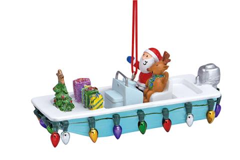 Resin Ornament - Santa & Friend in Skiff w/Lights