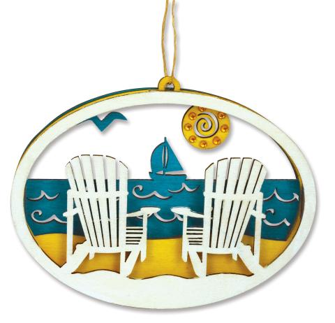 Laser Cut Wood Ornament - Beach Scene Adirondacks