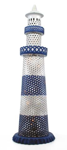Metal Striped Lighthouse - Blue/White Large