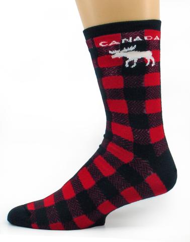 Red Plaid Moose Canada Socks Adult 9-11